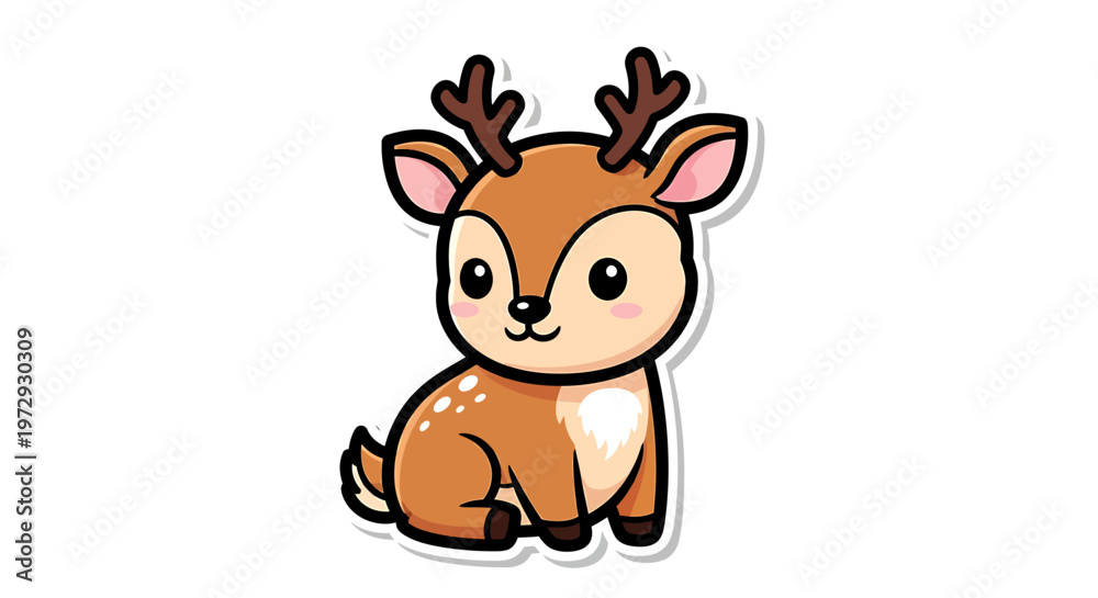 Obraz premium A cute cartoon deer with brown fur and antlers sits on ground