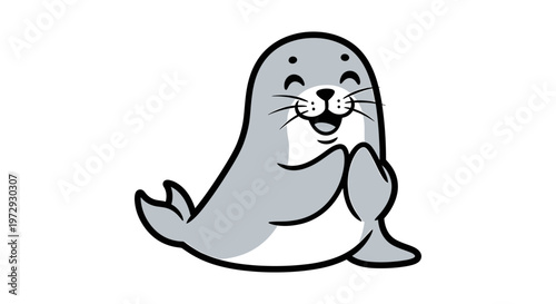 A cute seal is sitting and smiling happily on ice