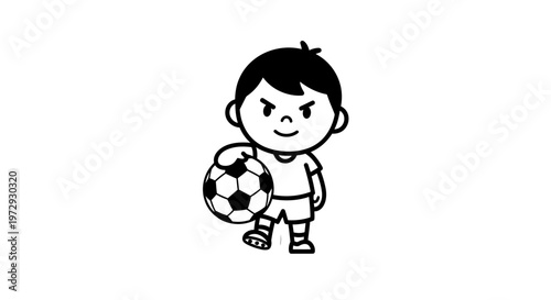 A cute angry boy holds a soccer ball in a sporty setting.
