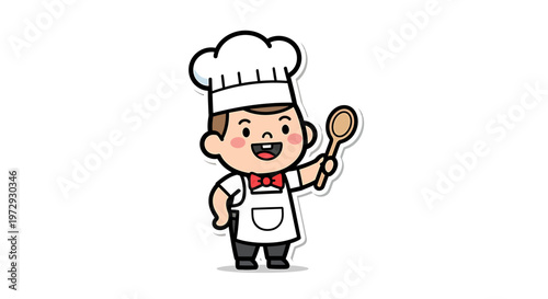 A cute cartoon chef happily holds a spoon in kitchen.
