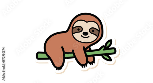 A cute sloth hangs from a green branch in a natural setting.