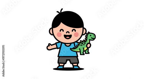 A cute little boy happily holding a green dinosaur toy outside