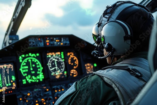 Pilot navigating advanced aircraft cockpit airspace photography dynamic close-up aviation technology