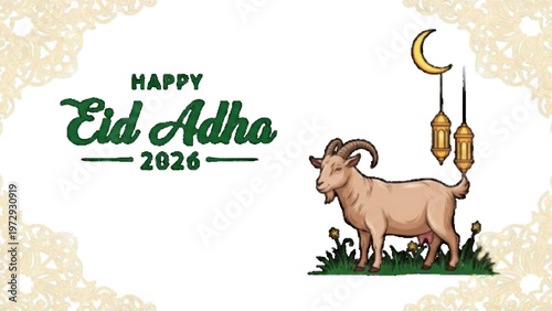 Happy Eid Al-Adha 2026 Greeting Card with Cute Goat Illustration on Black Background