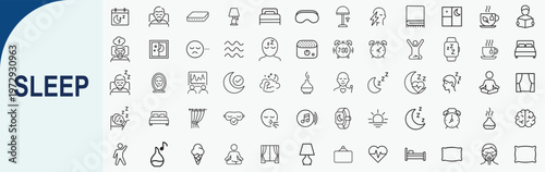 Sleep and healthy bedtime routine line icons set for relaxation