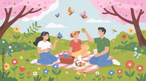 Vector illustration, happy people picnic, spring outdoor scene, colorful floral landscape