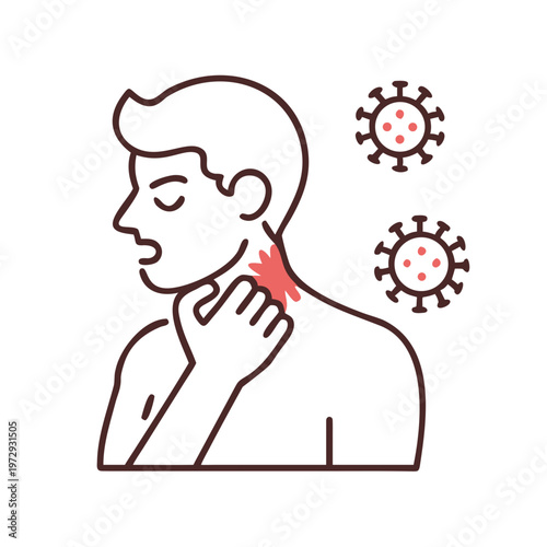 Man with sore throat, fever, and cough, symptoms of flu or coronavirus infection
