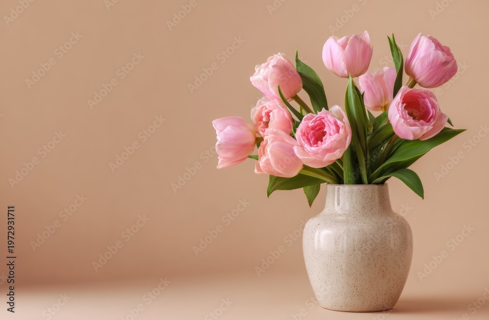 Fototapeta premium Beautiful Pink Tulips in a Ceramic Vase on a Neutral Background.
