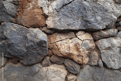 Close-up Texture of a Natural Stone Wall with Cracked Rocks.
