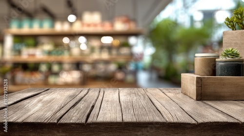 Rustic Wooden Table Surface with Blurred Store Background and Plants.