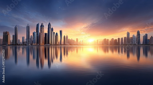 Majestic City Skyline at Sunset with Reflections on Still Water Surface in Urban Landscape
