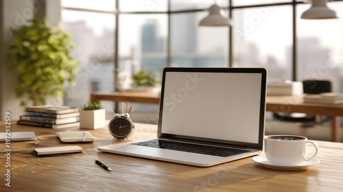 Modern Laptop and Coffee on a Wooden Desk in a Bright Office.