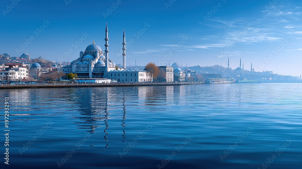 Fototapeta premium Serene View of Historic Waterfront with Mosque Reflection and Scenic Skyline at Dawn
