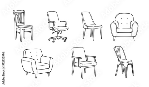 Doodle chair furniture collection outline sketch vector set isolated on white background