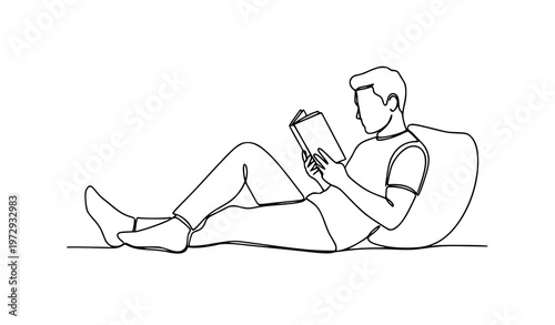 Continuous one line man reading book relaxed lifestyle vector illustration isolated on white background