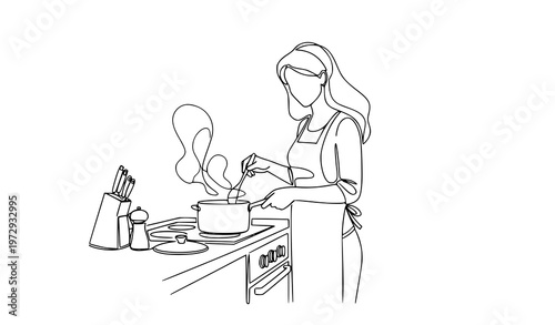 Continuous line woman cooking kitchen food preparation vector illustration isolated on white background