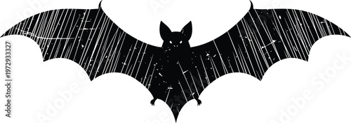Black grunge bat silhouette icon with textured wings for halloween decoration spooky animal mascot gothic style vampire symbol and nocturnal wildlife