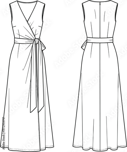 Elegant women's sleeveless maxi wrap dress fashion technical sketch, floor length V-neck evening gown with waist tie belt and pleated bodice for apparel design