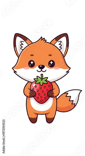 Cute cartoon fox holding strawberry fruit.