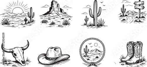 Western desert line icons set with cactus, mountains, sun, skull, cowboy hat and boots elements
