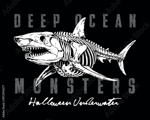 Illustration of an imaginary shark skeleton combined with text.