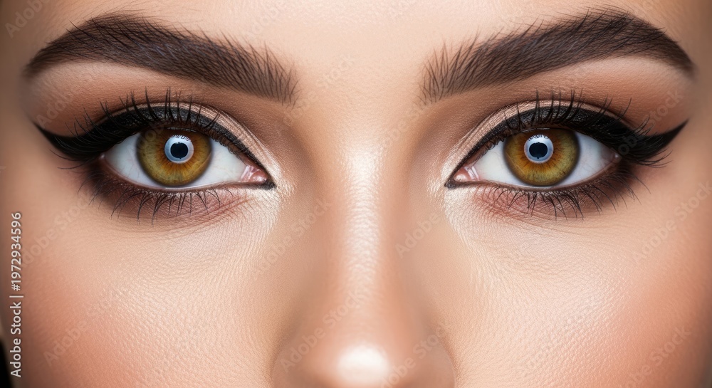 Naklejka premium Macro closeup of a beautiful woman's green eye featuring professional makeup and long eyelashes on healthy skin