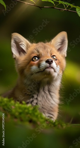 Cute red fox kit in forest.