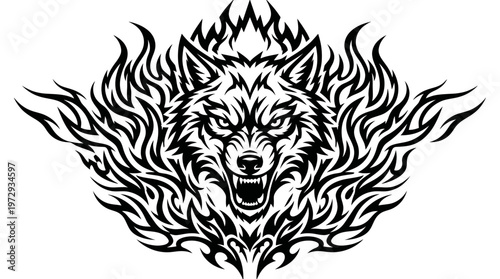 Fiery Wolf Head Tattoo Design - Aggressive Animal Art