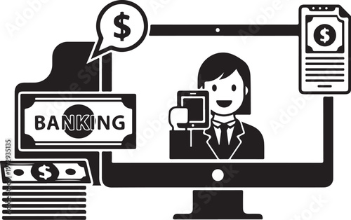 Black and white of woman on computer with banking and money