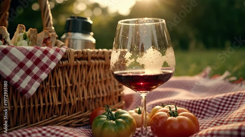 Low-angle push-in over vintage wicker picnic basket with gourmet sandwiches and wine in golden hour light