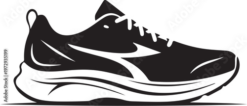 Black and white athletic shoe with white laces and swoosh
