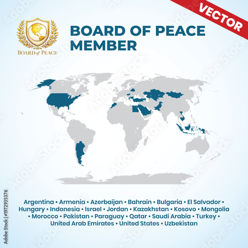 Board of Peace Member Map Vector Illustration Global Peace Organization World Map with Highlighted Member Countries International Relations Diplomacy Conflict Resolution Peacekeeping Design