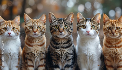 Five cute domestic cats sitting together in a row looking forward
