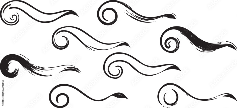 Fototapeta premium Abstract swirl brush stroke line icons set, decorative wave curves ink style flourish collection