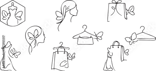 Fashion line icons set with dresses, hanger, gift box and woman profile minimalist outline collection