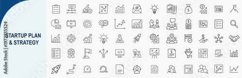 Strategic Startup Icons: A comprehensive collection of startup plan and strategy icons, perfectly illustrating the essential elements of launching and growing a new venture.