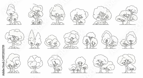 Set of eighteen minimalist tree vector line art icons including deciduous, oak, and cypress varieties, featuring clean black outlines and white fills on a plain white background.