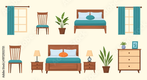 Flat vector set of bedroom furniture items including wooden double beds with teal linens, bedside tables with lamps, chairs, potted plants, windows with curtains and a wooden dresser.