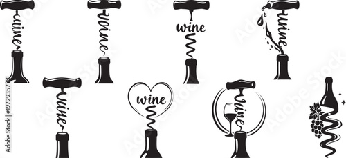 Wine corkscrew opening icons set with bottle, spiral motion, heart and glass outline collection