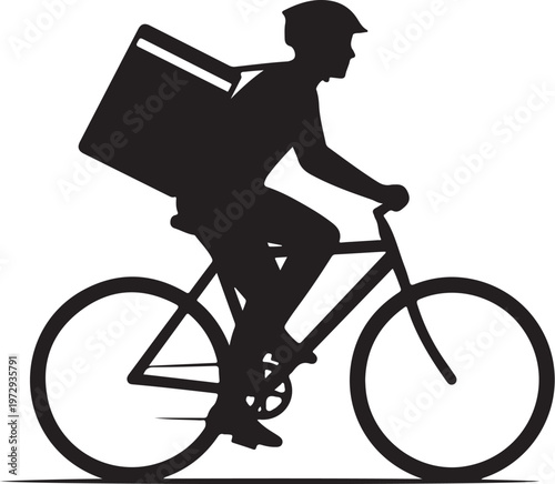 Black silhouette of a person riding a bicycle with a large box on the back