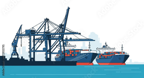 Stylized vector illustration of a maritime container port terminal featuring two large cargo ships loaded with shipping containers, blue gantry cranes, and a city skyline backdrop.