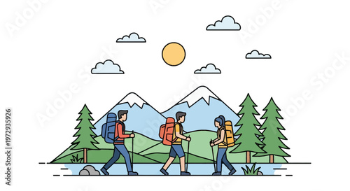 Flat line vector illustration of three people hiking with backpacks and trekking poles through a mountain landscape with pine trees, snowy peaks, clouds, and a bright sun.