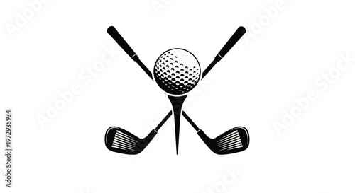 Vector illustration of two crossed golf clubs featuring a dimpled golf ball positioned centrally on a tee, presented in a minimalist black and white silhouette graphic style.