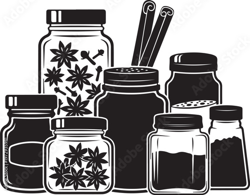 Black and white of seven jars with herbs and spices