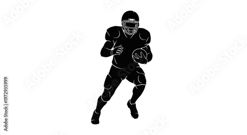Black silhouette of an American football player athlete running forward while carrying a ball. Detailed sports figure wearing a helmet with face mask, shoulder pads, and cleats on white.