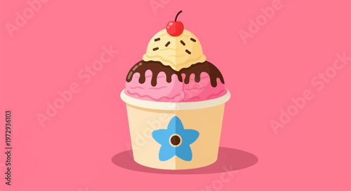 Flat vector illustration of a double scoop ice cream sundae in a paper cup featuring strawberry and vanilla flavors topped with chocolate sauce, sprinkles, and a red cherry on pink.