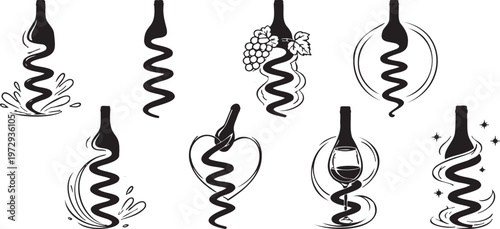 Wine corkscrew opening sequence line icons set, spiral motion bottle opener outline collection