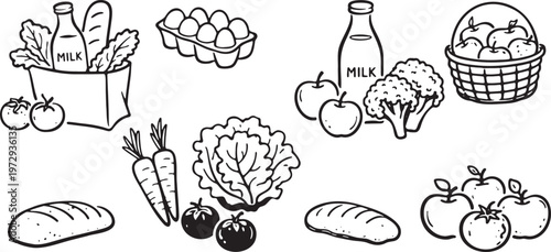 Grocery food line icons set with milk bread vegetables fruits eggs basket outline healthy collection