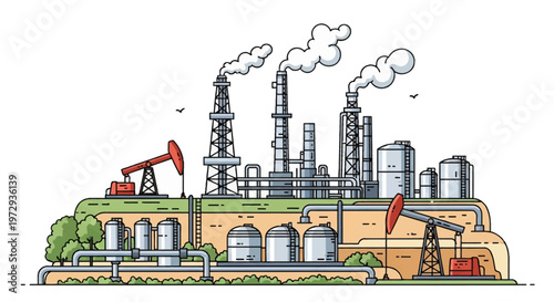 Vector line art illustration of an industrial oil refinery complex featuring smokestacks with clouds, pumpjacks, storage tanks, and pipelines across a layered landscape terrain.