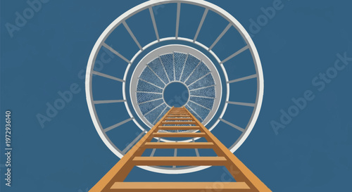 Flat vector illustration of a wooden ladder extending upward into a circular metal spiral staircase with mesh platform and safety cage railings against a solid blue background.